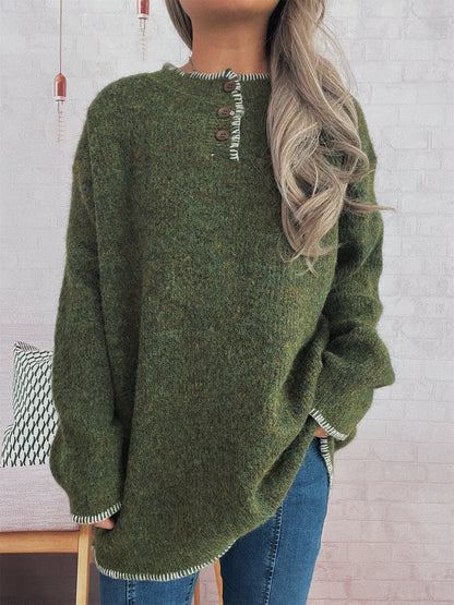Damen Strickpullover Übergroß Klassisches Knopfdesign Beige