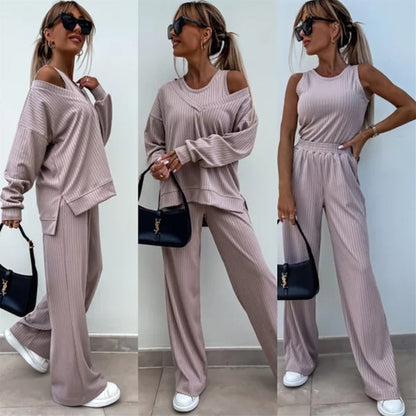 Damen Loungewear-Set Offene Schulter Weites Rippen-Oberteil Norvielle