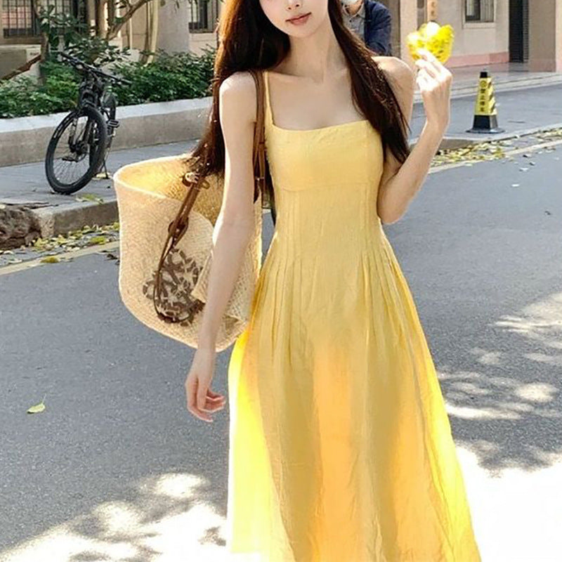 Damen Langarm-Midi-Kleid Tailliert Spaghettiträger - Norvielle