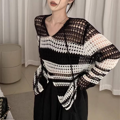 Damen Strickpullover Luftiger Netzdesign Langer Ärmel Norvielle