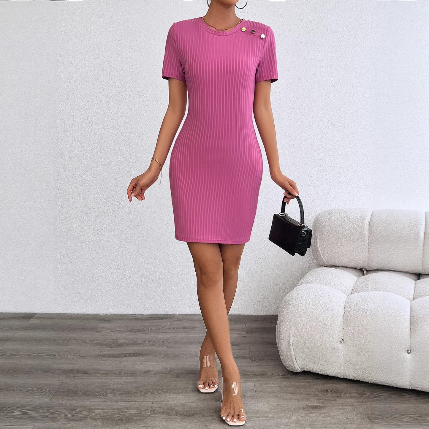 Damen Kurzarmkleid Strukturiert Dekorative Knöpfe Norvielle