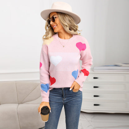 Damen Pullover Kuschelig Herz-Motive Strukturiert Rosa