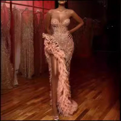 Damen Abendkleid Figurbetonung Rüschendetails schimmernde Perlen - Norvielle