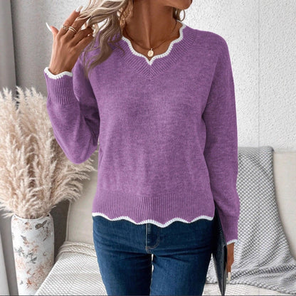 Damen Pullover V-Ausschnitt Gezackter Saum Beige - Norvielle