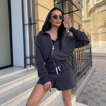Damen Sportliches Zweiteiler-Set Kurzarm Jacke und Shorts
