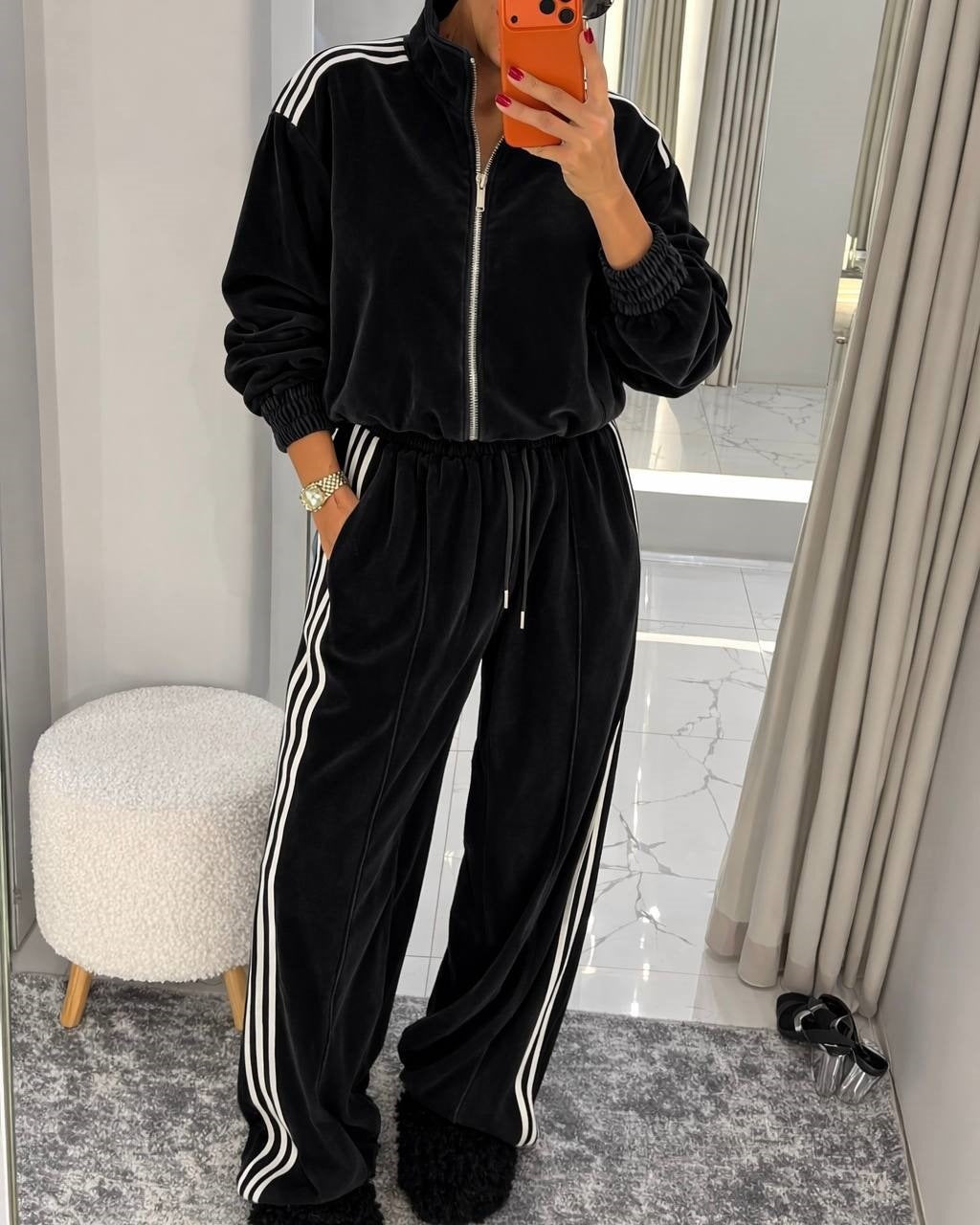 Damen Velours Jogginganzug Hochgeschlossener Kragen Elastischer Bund