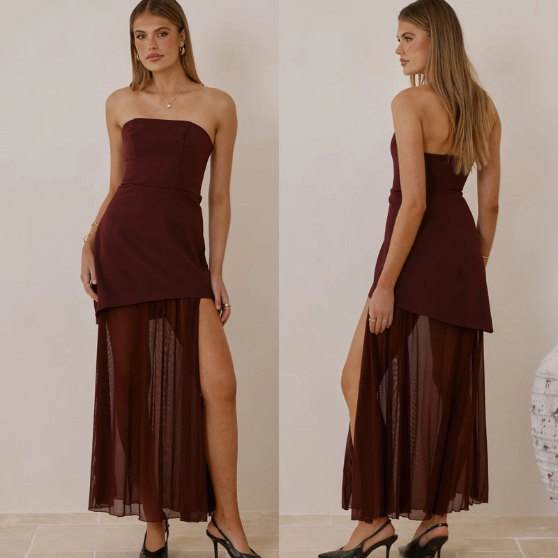 Damen Abendkleid Asymmetrischer Schnitt mit Schlitz Schwarz Norvielle - Norvielle