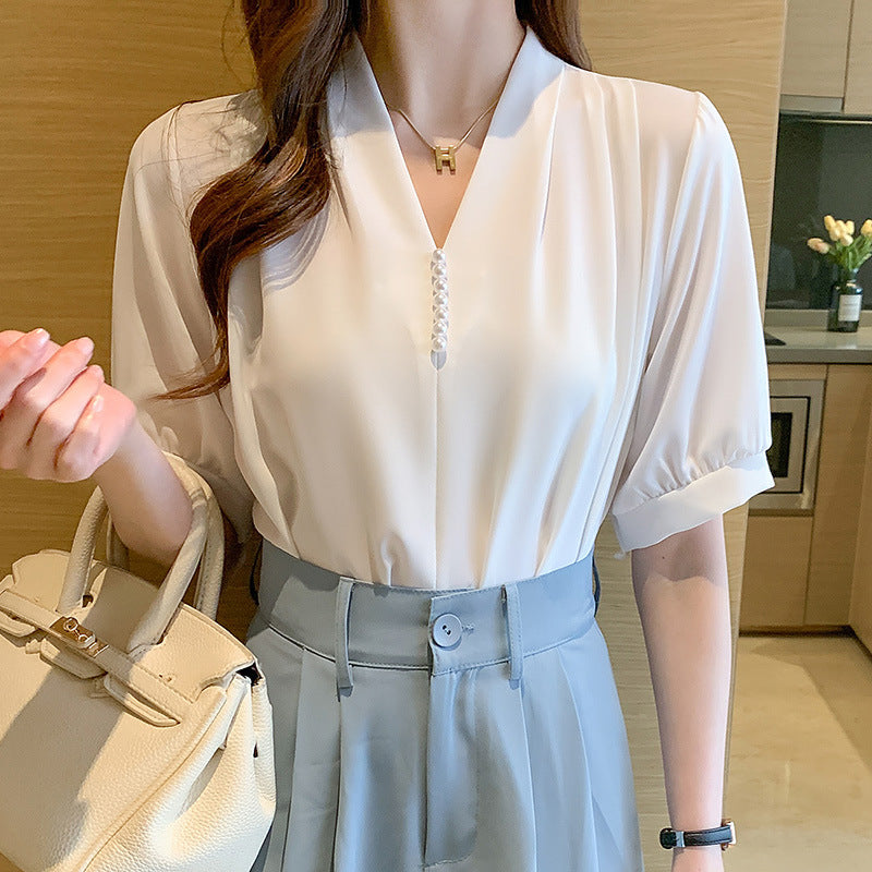 Damen Bluse V-Ausschnitt Perlendetails Elegantes Design