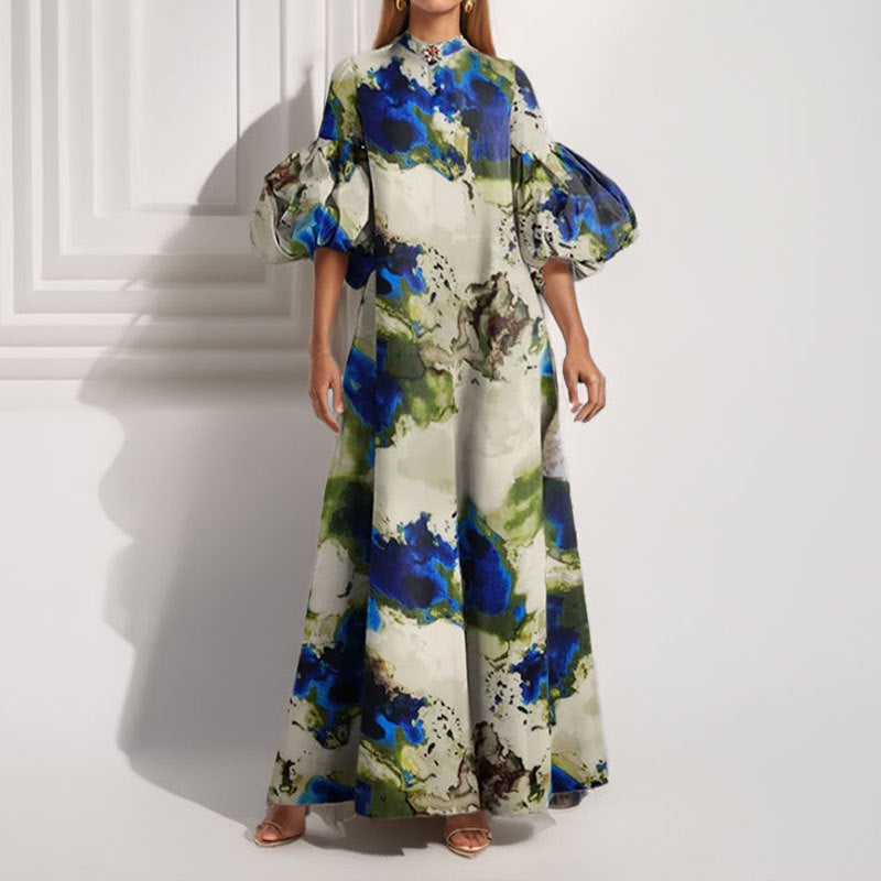 Damen Maxi-Kleid Volantärmel Abstraktes Muster