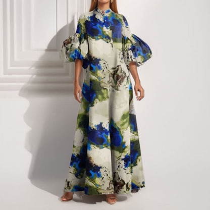 Damen Maxi-Kleid Volantärmel Abstraktes Muster