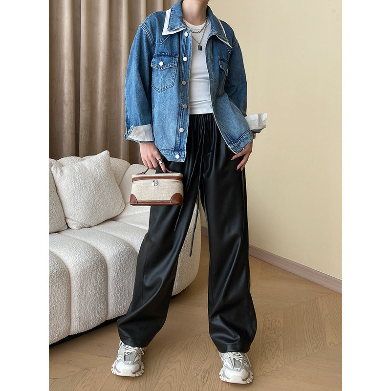 Damen Oversized Jeansjacke mit Kragen und Taschen