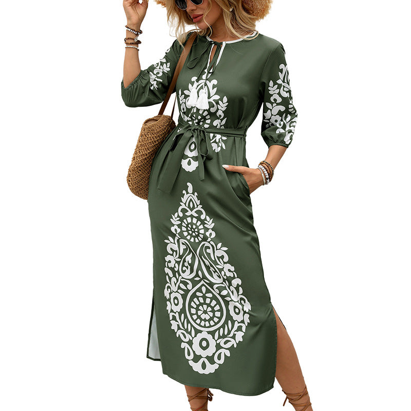 Damen Maxikleid Florales Muster Bauchfrei Taillengürtel Norvielle