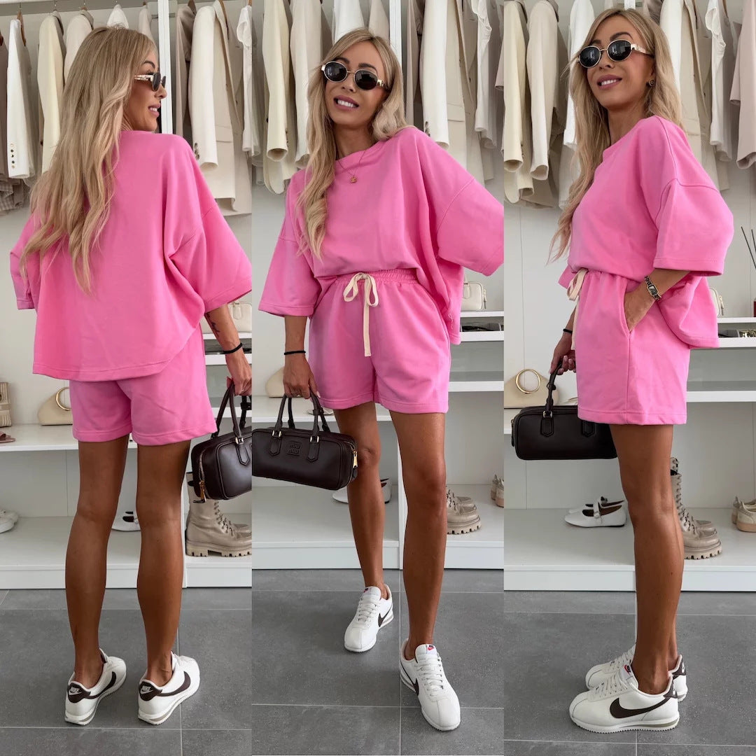 Damen Oversize T-Shirt Set mit Shorts Verstellbarer Taillenzug