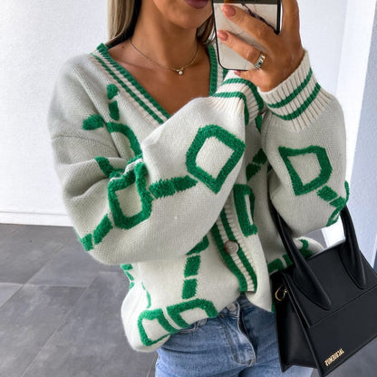 Damen Strickjacke Bunt Muster Knöpfe - Norvielle