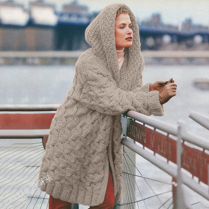 Damen Grobstrick-Cardigan mit Kapuze und Muster