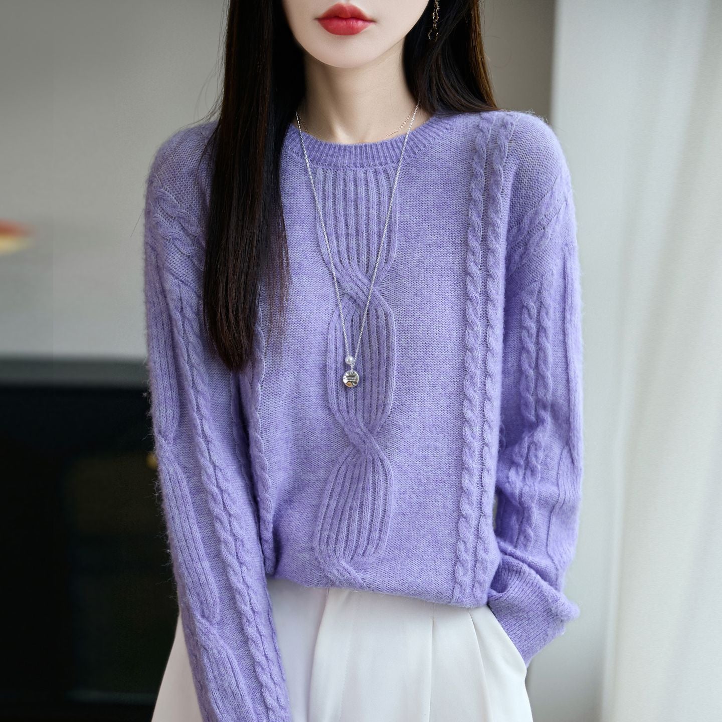 Damen Strickpullover Rundhals Zopfmuster Norvielle