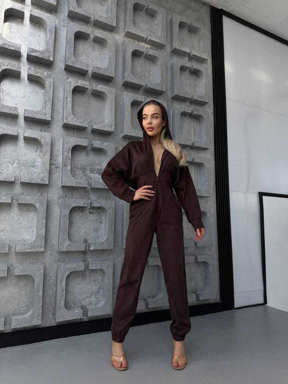 Damen Jumpsuit mit tiefem Ausschnitt und Kapuze