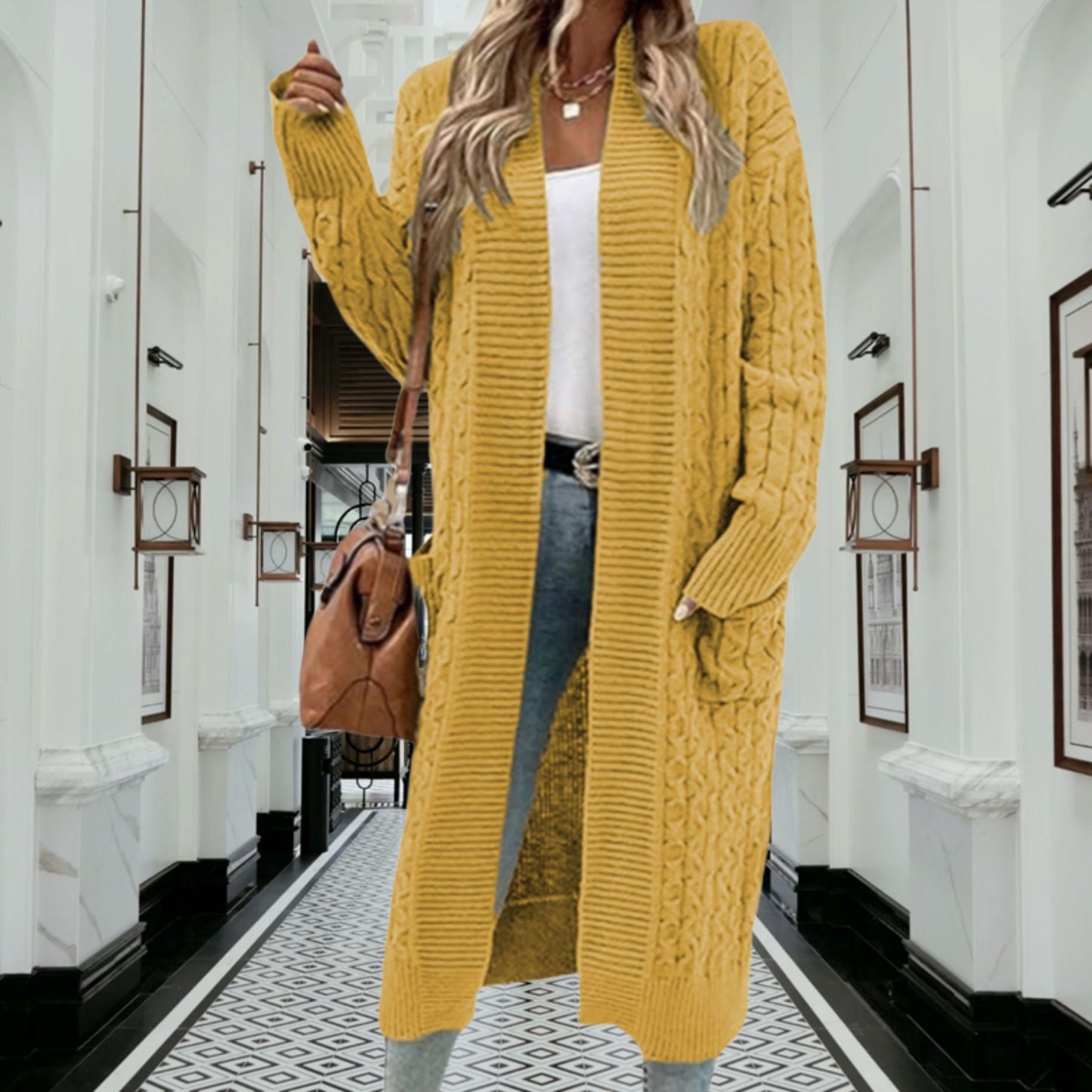 Damen Grobstrick Cardigan Offenes Design Mit Taschen Beige
