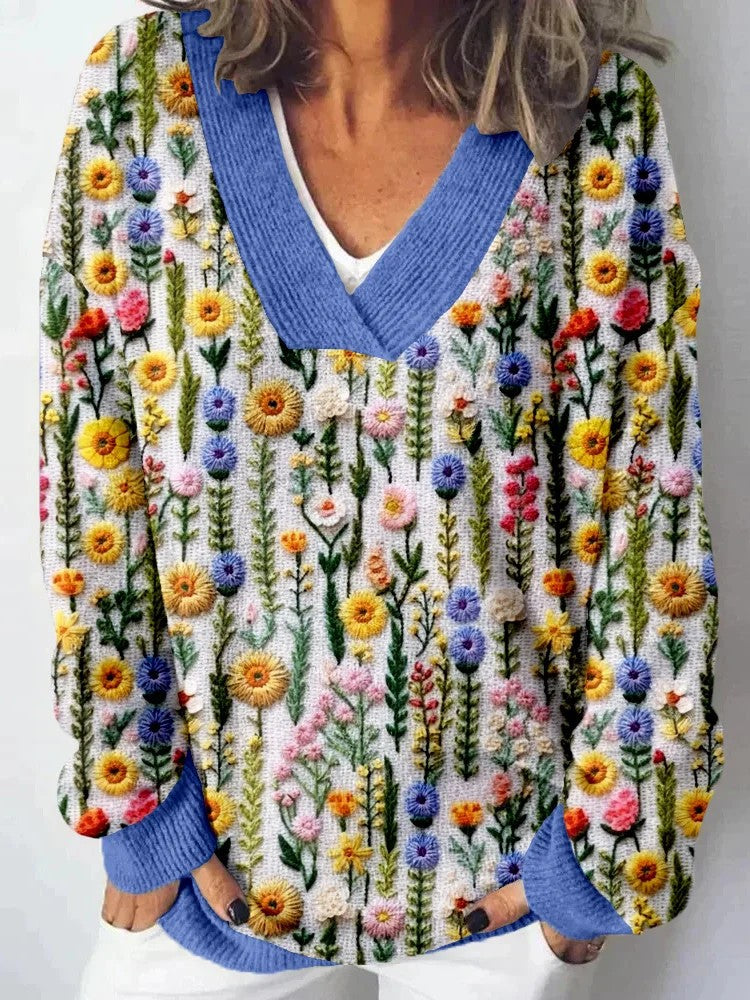 Damen Pullover V-Ausschnitt Floralmuster Lässig Norvielle