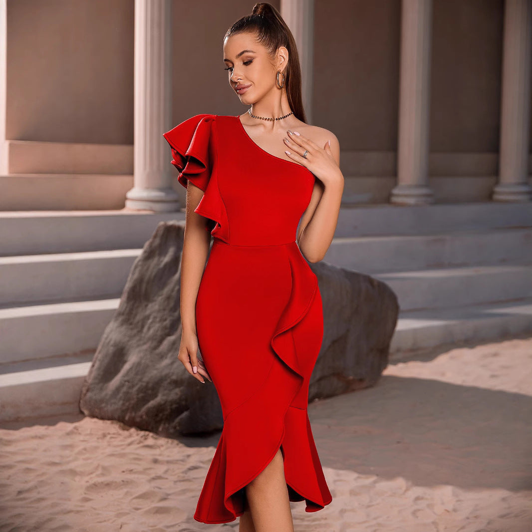 Damen Midi-Kleid mit Volants Asymmetrisch - Norvielle