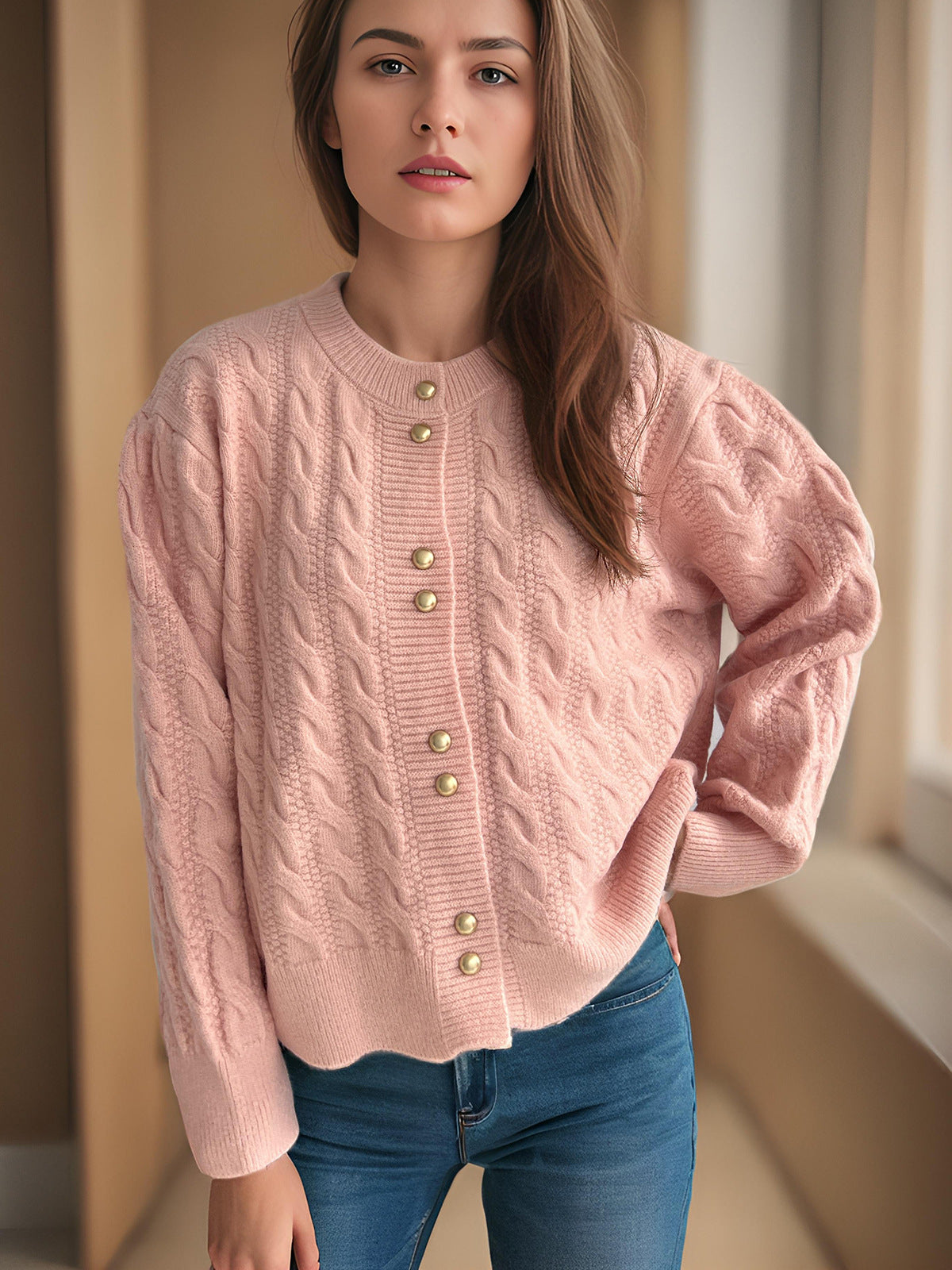 Damen Grobstrickjacke Kabelmuster Dekorative Knöpfe Norvielle