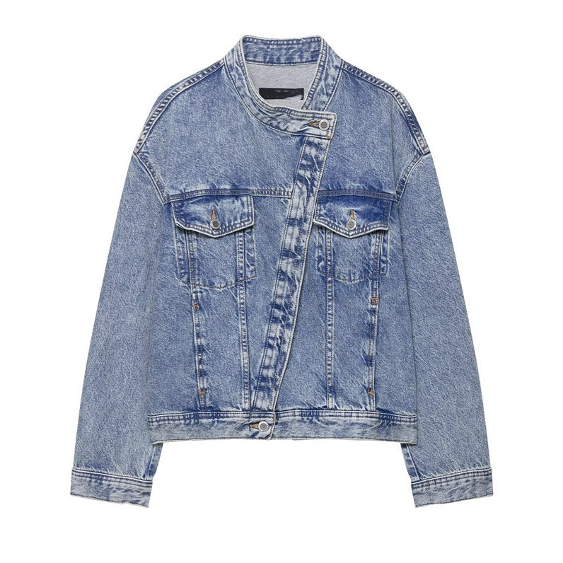 Damen Denimjacke Asymmetrisch Mit Taschen