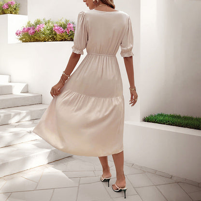 Damen Midi-Kleid Knopfdetail Voluminöse Ärmel Norvielle