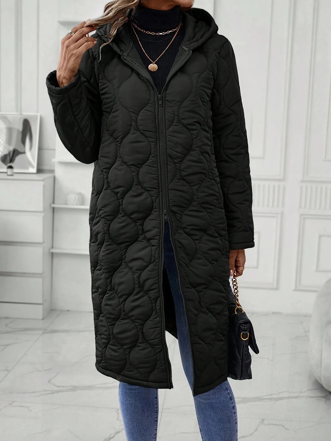 Damen Kapuzenjacke Norvielle Elegante Steppung Langer Ärmel