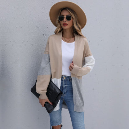 Damen Cardigan Lang Weiches Strick Norvielle Farbblockierung