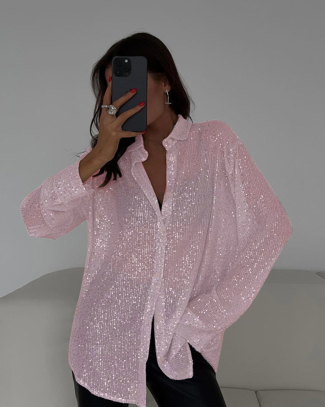 Damen Glitzerbluse Schimmernder Stoff Lässiger Schnitt