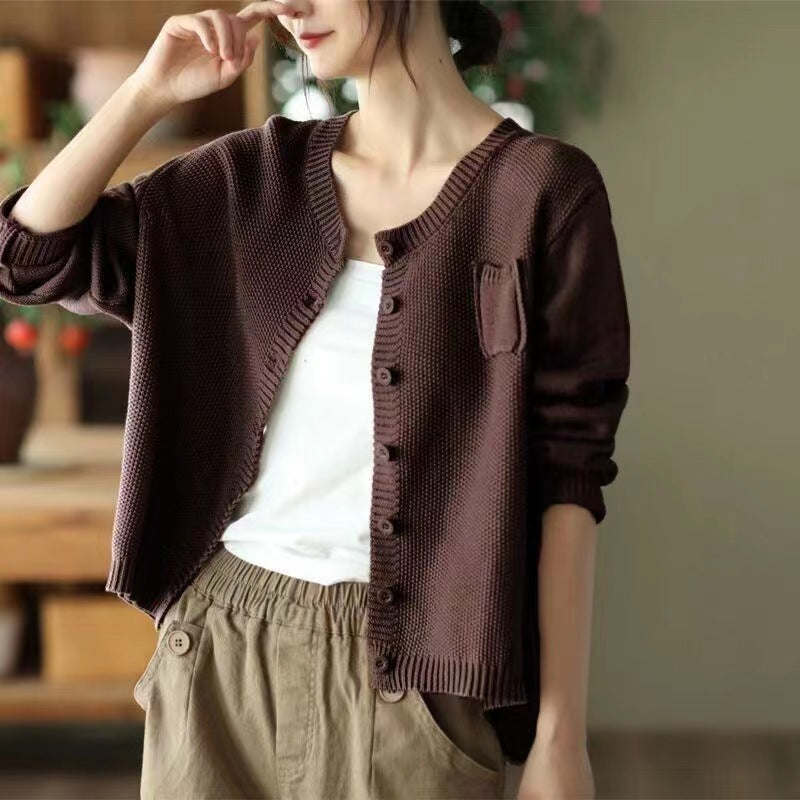 Damen Strickcardigan Leicht Knöpfe Taschen Beige