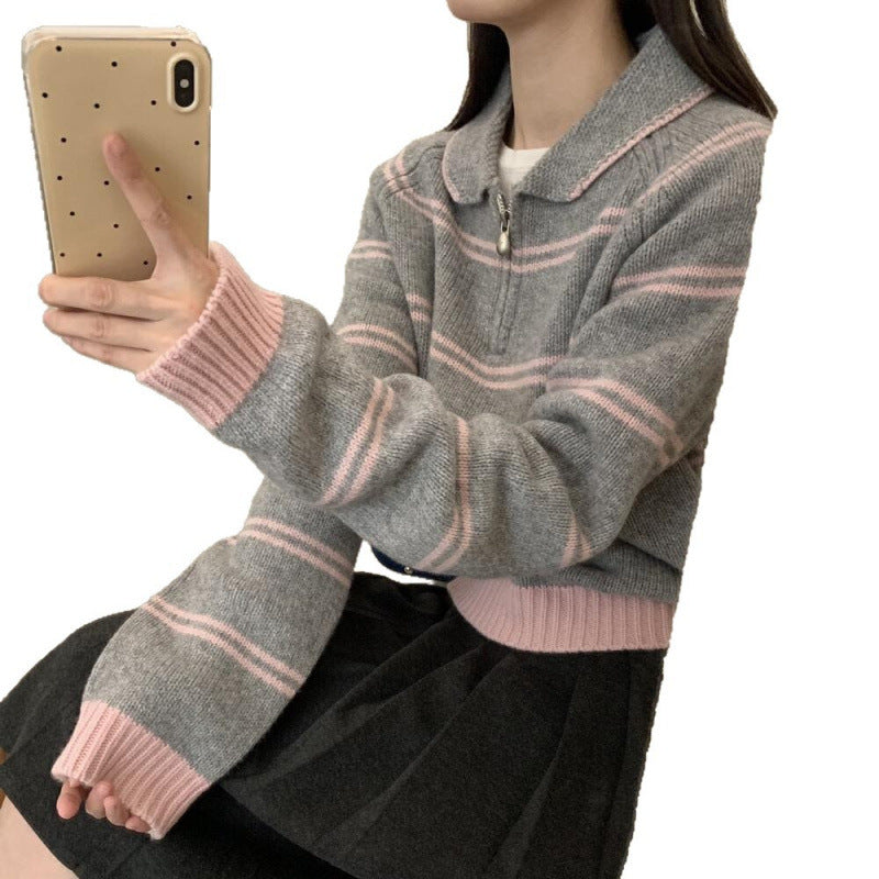 Damen Strickpullover Halbreißverschluss Gestreift Norvielle