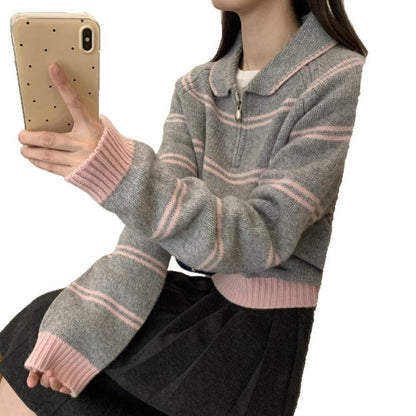 Damen Strickpullover Halbreißverschluss Gestreift Norvielle