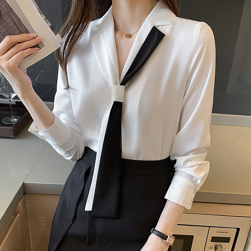 Damen Bluse mit Schleifenkragen und Kontrasten
