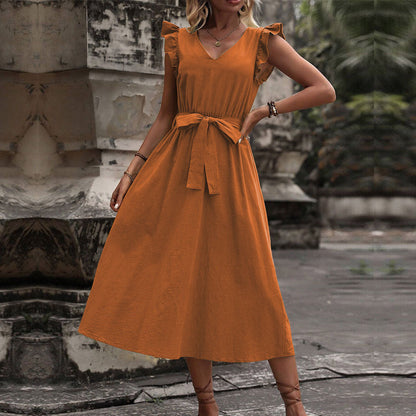 Damen Maxikleid V-Ausschnitt Taillengürtel Norvielle