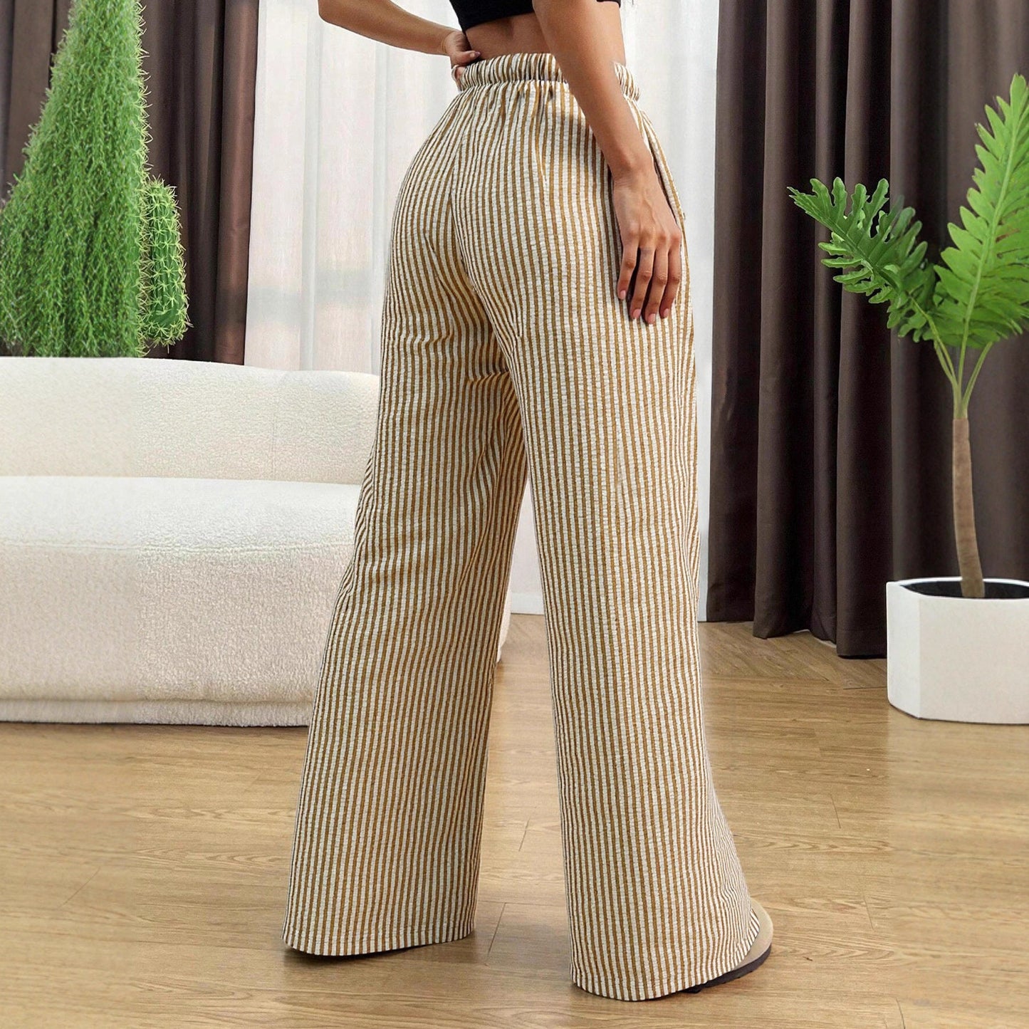 Damen Hohe Bundhose Gestreift Weiß