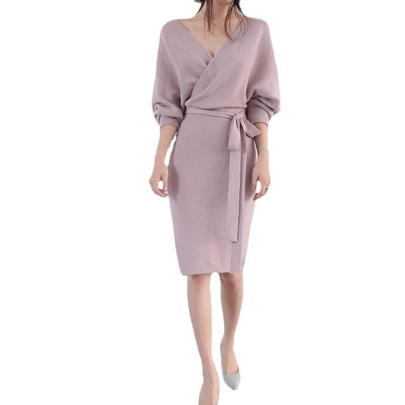 Damen Strickkleid Wickeloptik Länge Mit langen Ärmeln Norvielle