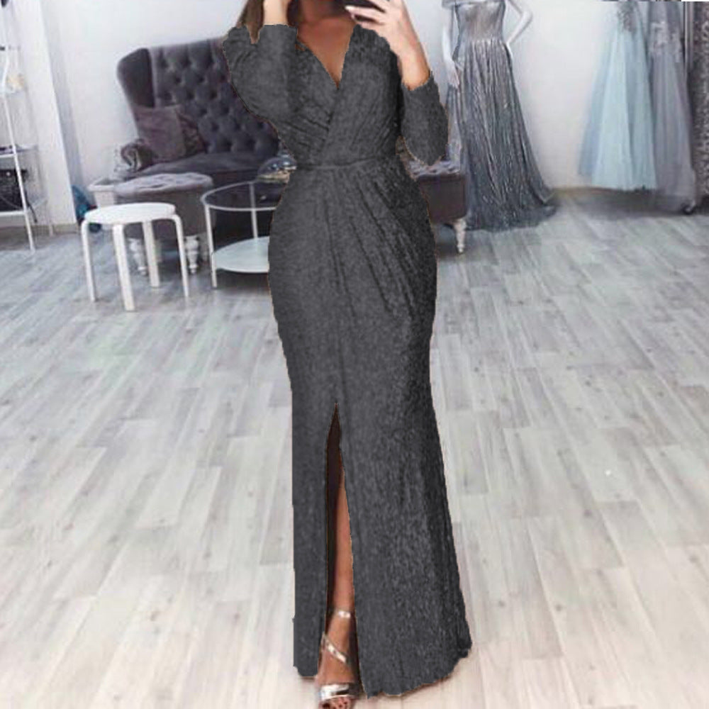 Damen Abendkleid Lang Wickelschnitt Schlitz Norvielle