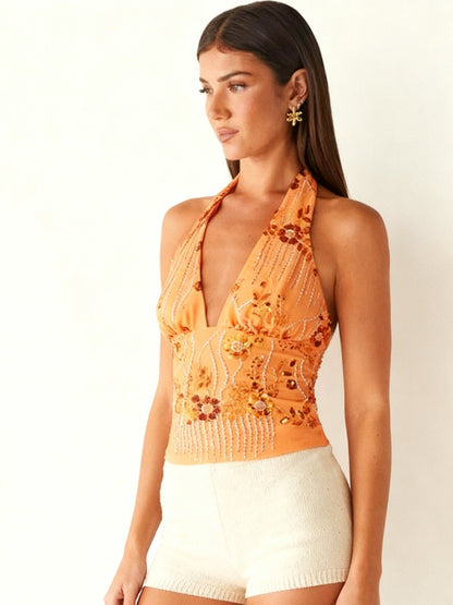 Damen Haltertop Florales Design Schimmernde Applikationen
