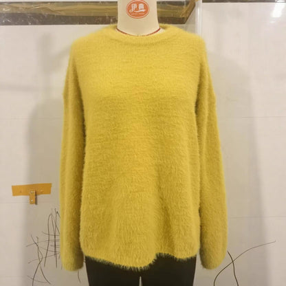 Damen Oversized Pullover Mohair-Wolle Flauschig Beige