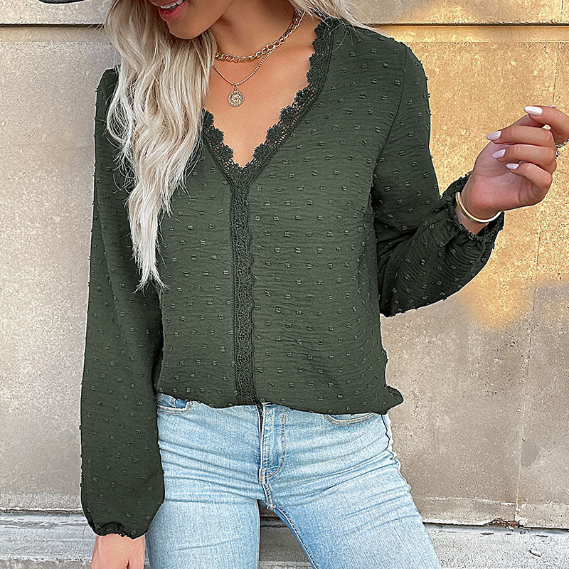 Damen Bluse Spitzenbesatz Puffärmel Elegantes Design