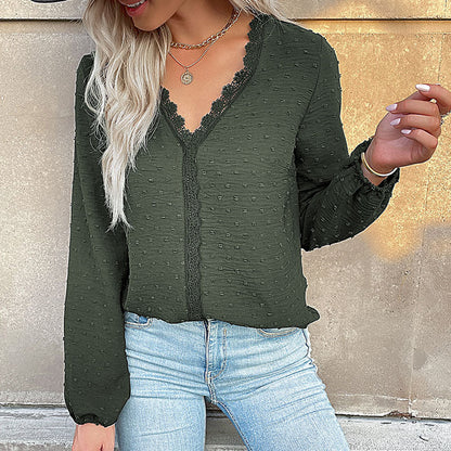 Damen Bluse Spitzenbesatz Puffärmel Elegantes Design