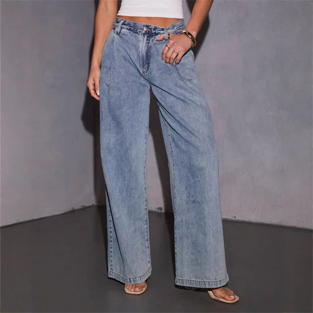 Damen Weite Jeanshose Hochbund Lässig Schwarz Norvielle - Norvielle
