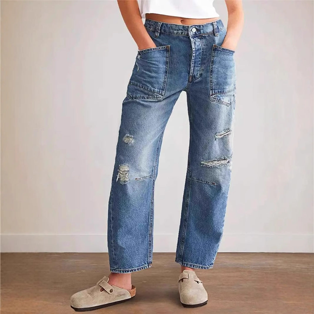 Damen Baggy Jeans Destroyed Vintage Look Cargo Taschen Blau - Norvielle