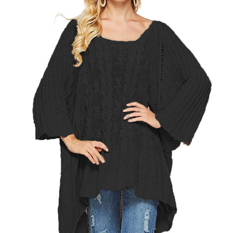 Damen Grobstrick-Poncho Zopfmuster Weite Ärmel Norvielle