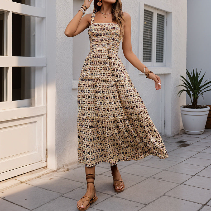 Damen Maxikleid Strukturierte Rüschen Geometrie-Druck Norvielle