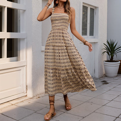 Damen Maxikleid Strukturierte Rüschen Geometrie-Druck Norvielle