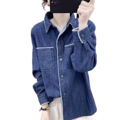 Damen Denim Bluse Kontrastkragen