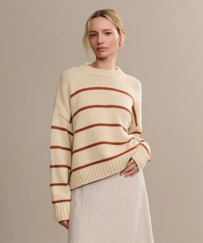 Damen Strickpullover Breitstreifen Rundhals weiß
