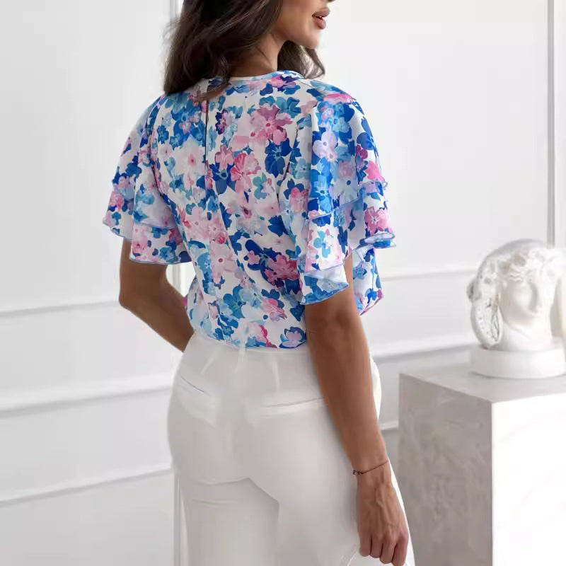Damen Bluse Voluminöse Rüschenärmel Florales Design Norvielle